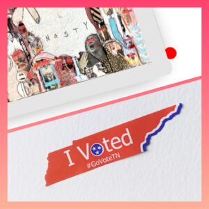Two pictures on a gradient pink background. One picture shows the bottom corner of a painting and a red dot "sold" sticker. The other picture is of a Tennessee shaped "I voted" sticker.