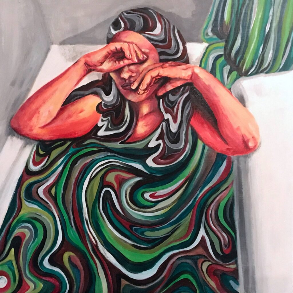 Painting of a woman in a tub filled with a pattern of green, red, black, and white swirling lines