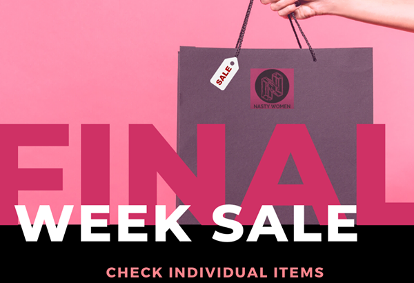 image description: a hand holding a shopping bag on a pink background with large text "Final Week Sale. Check individual items for sale prices."